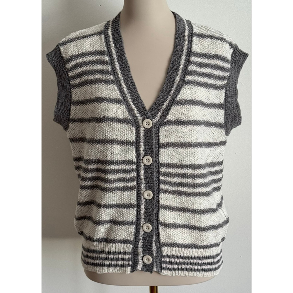 Women's Unbranded Striped Cardigan Sweater Vest M White Gray